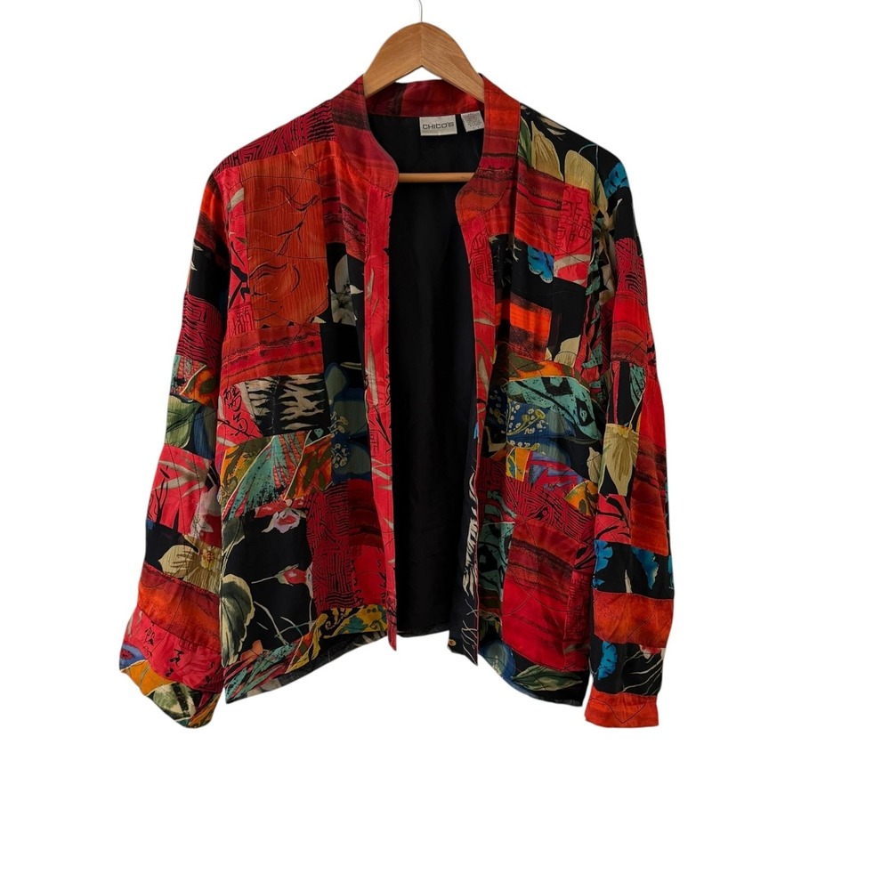 Chicos Silk Patchwork Kimono Jacket Womens Size 3/XL Multicolor Art To Wear